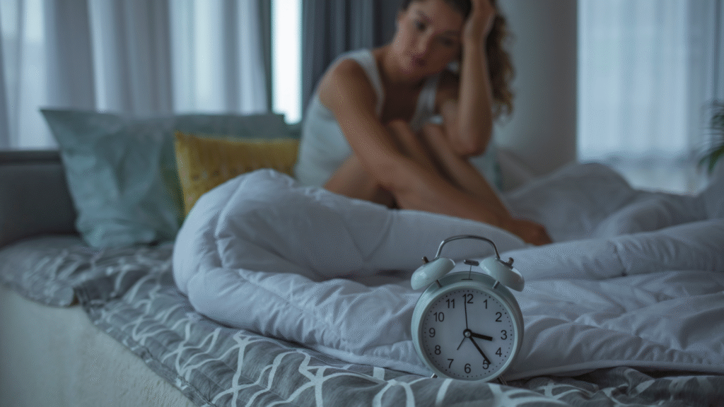 zmęczona kobieta, łóżko, budzik