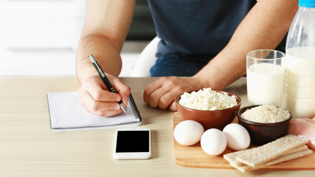 zapisywanie w notatniku, telefon na blacie, składniki